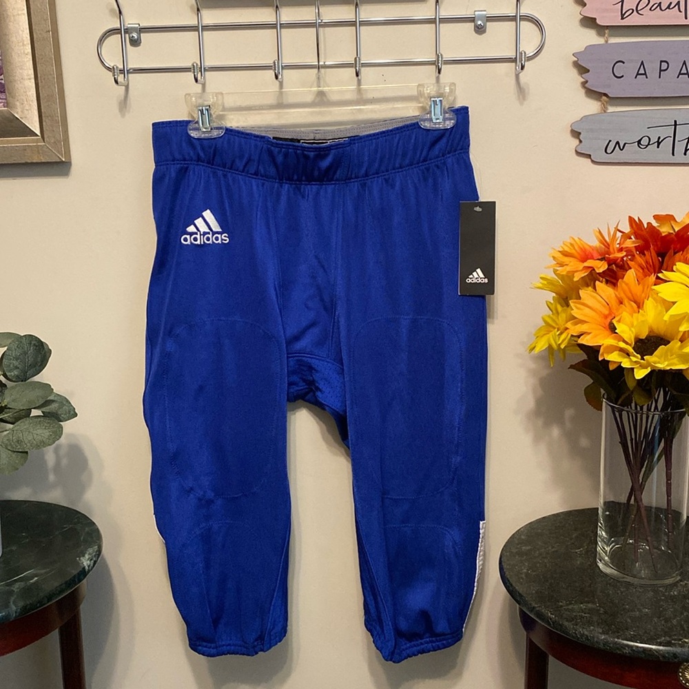 NWT Adidas Boy’s Football Pants $70 MSRP in Royal Blue &White. Tie String Waist.